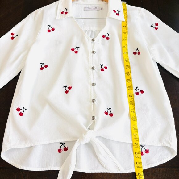Billy T Cherry Embroidered Buttoned Tie Front Shirt White Sz S Cotton Summer Top - Picture 8 of 8